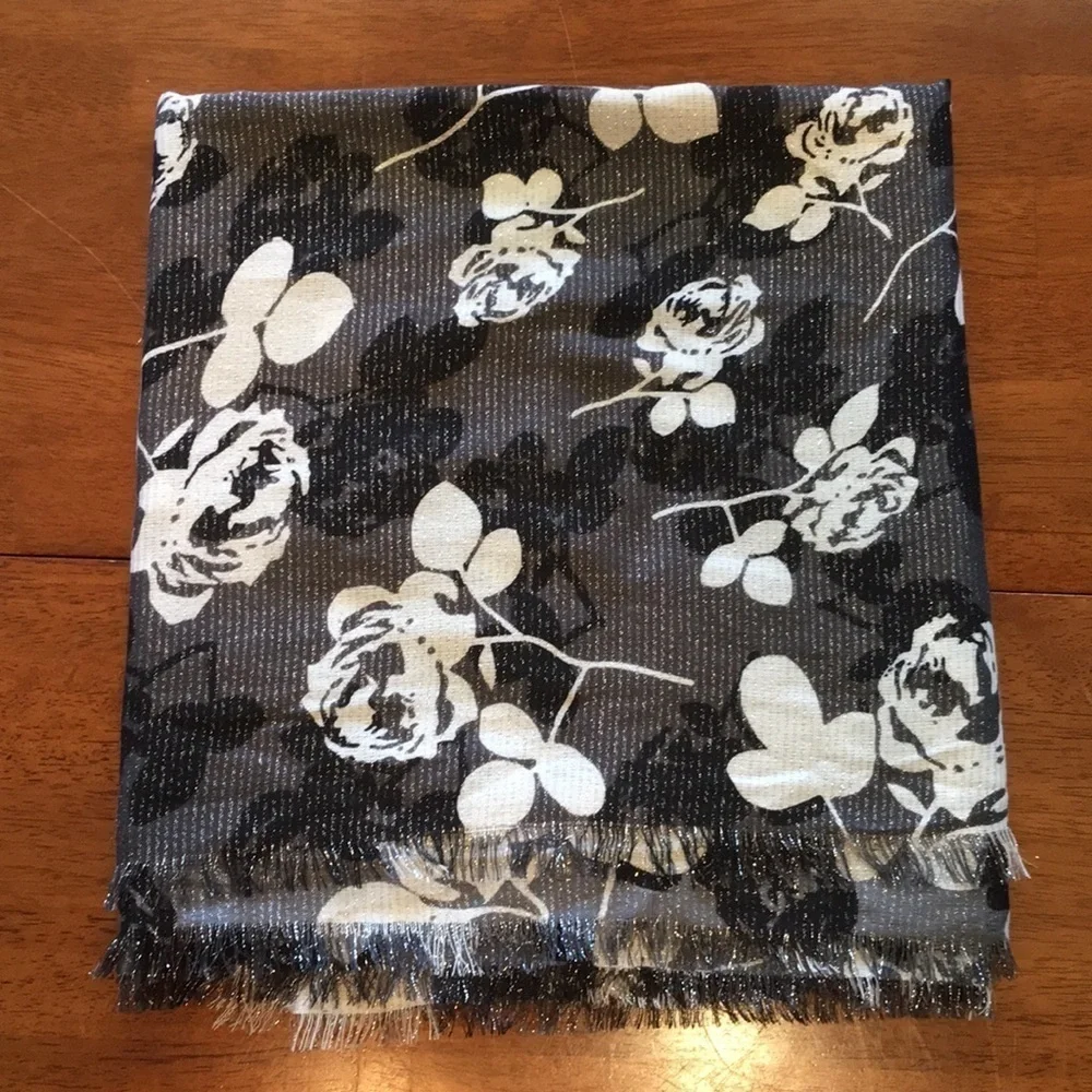 Oversized rose scarf wrap, black, white, gray